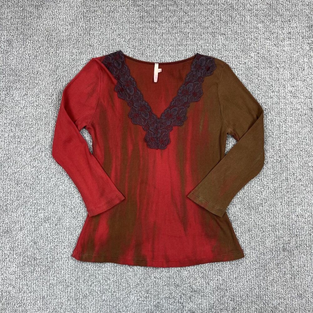 Y2K Top Womens Medium Red Brown Lace V Neck 00s Boho Knit Tie Dye
